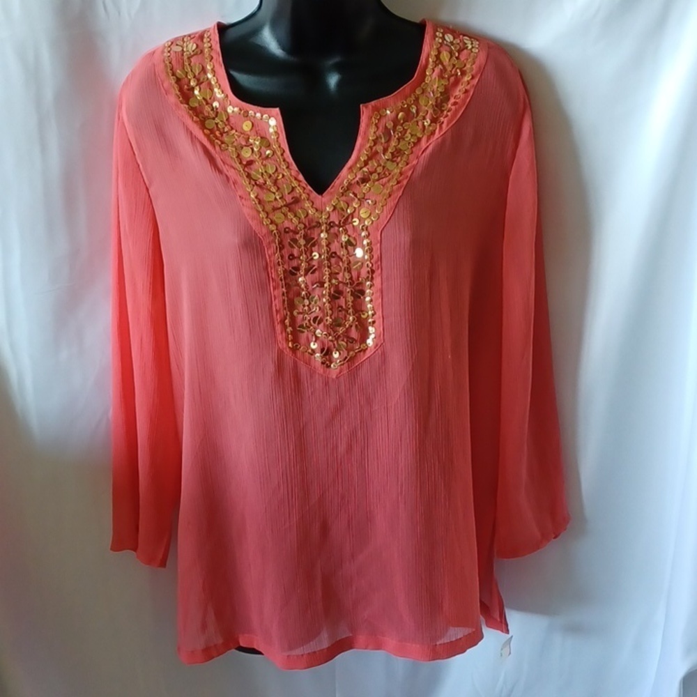 Liz‎ Claiborne first issue sequin tunic M, sheer, Peach & gold